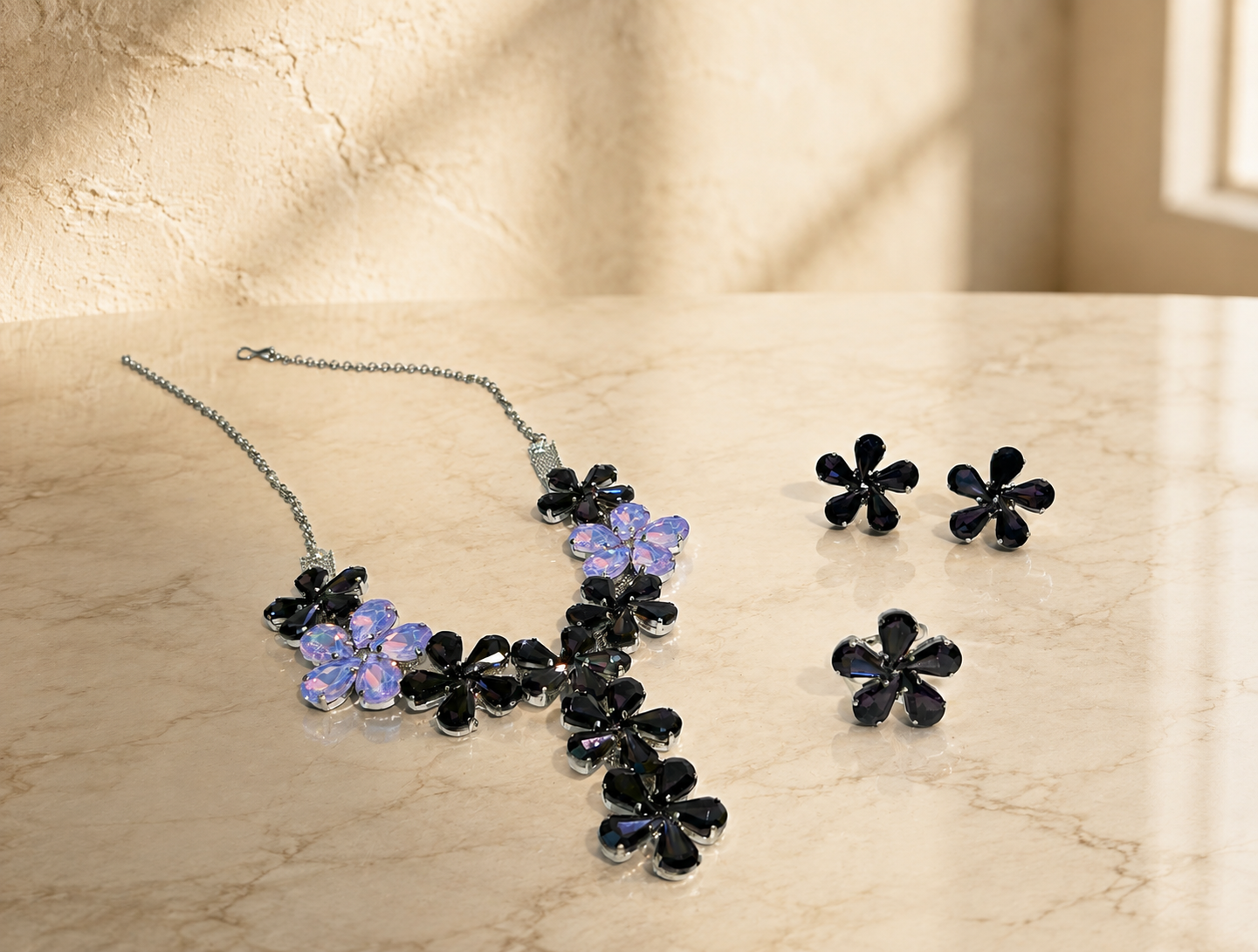 Korean Floral Necklace Set - Smokey Grey