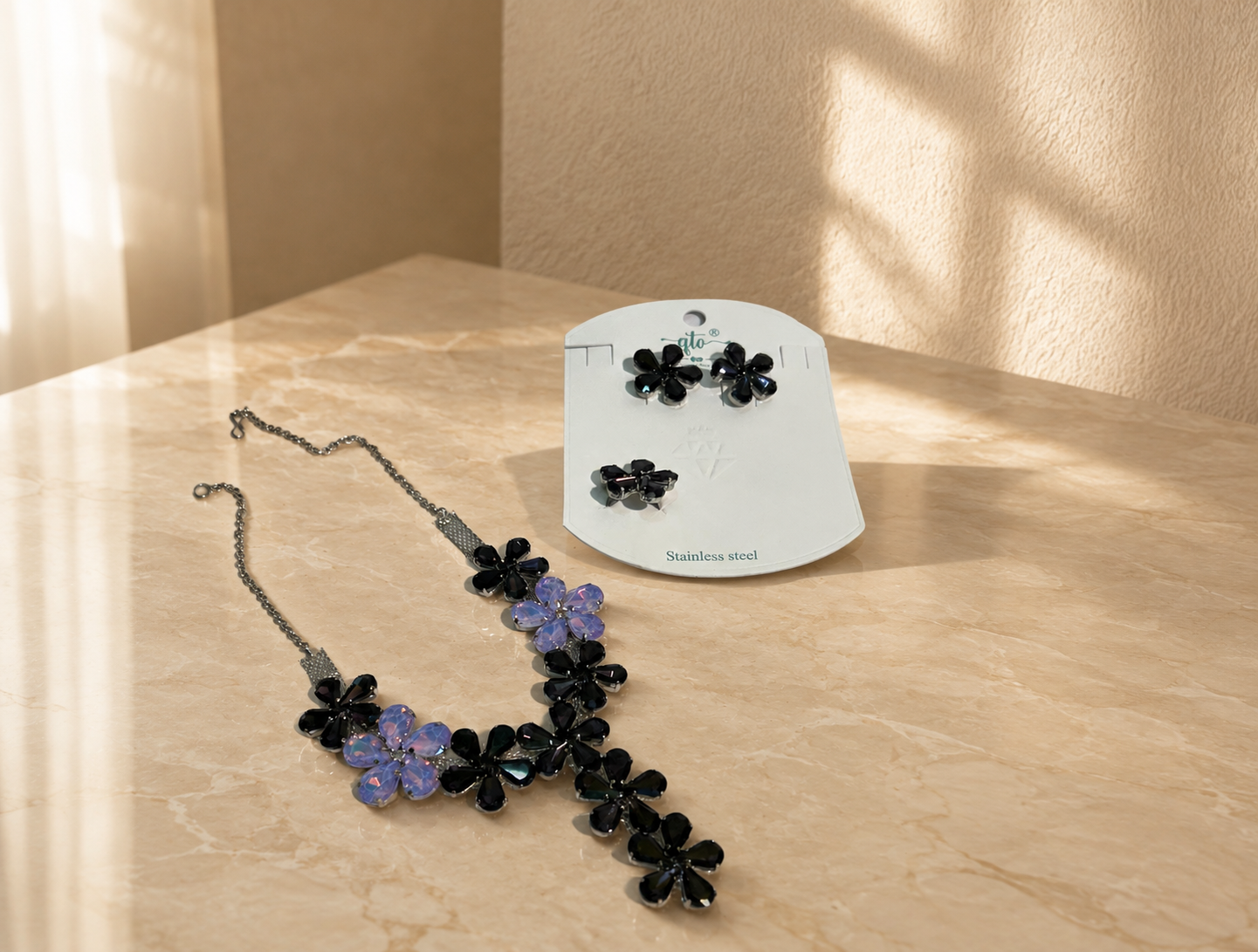 Korean Floral Necklace Set - Smokey Grey