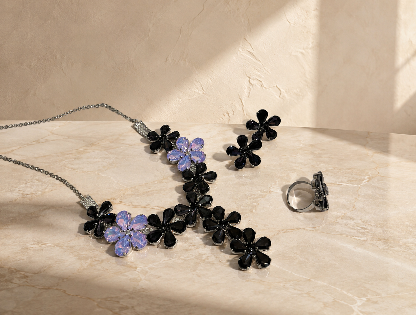 Korean Floral Necklace Set - Smokey Grey