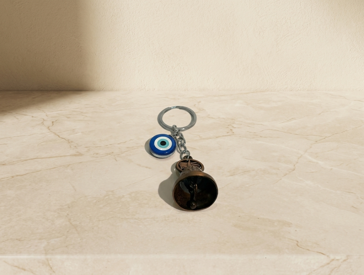 Guardian Bell Keychain - Metal & Silver Chain with Evil Eye