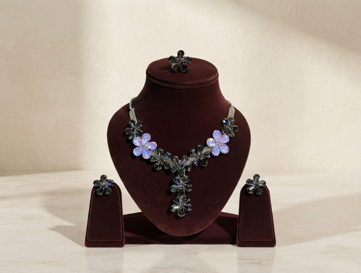 Korean Floral Necklace Set - Smokey Grey