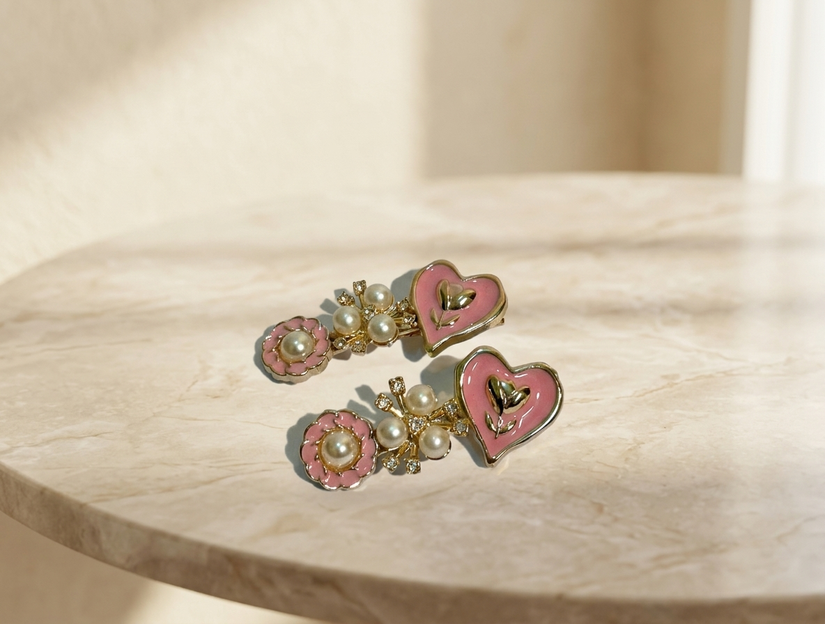 Floral Pearl Crystal Hair Clip Set - Gold, White & Pink Hair Accessories