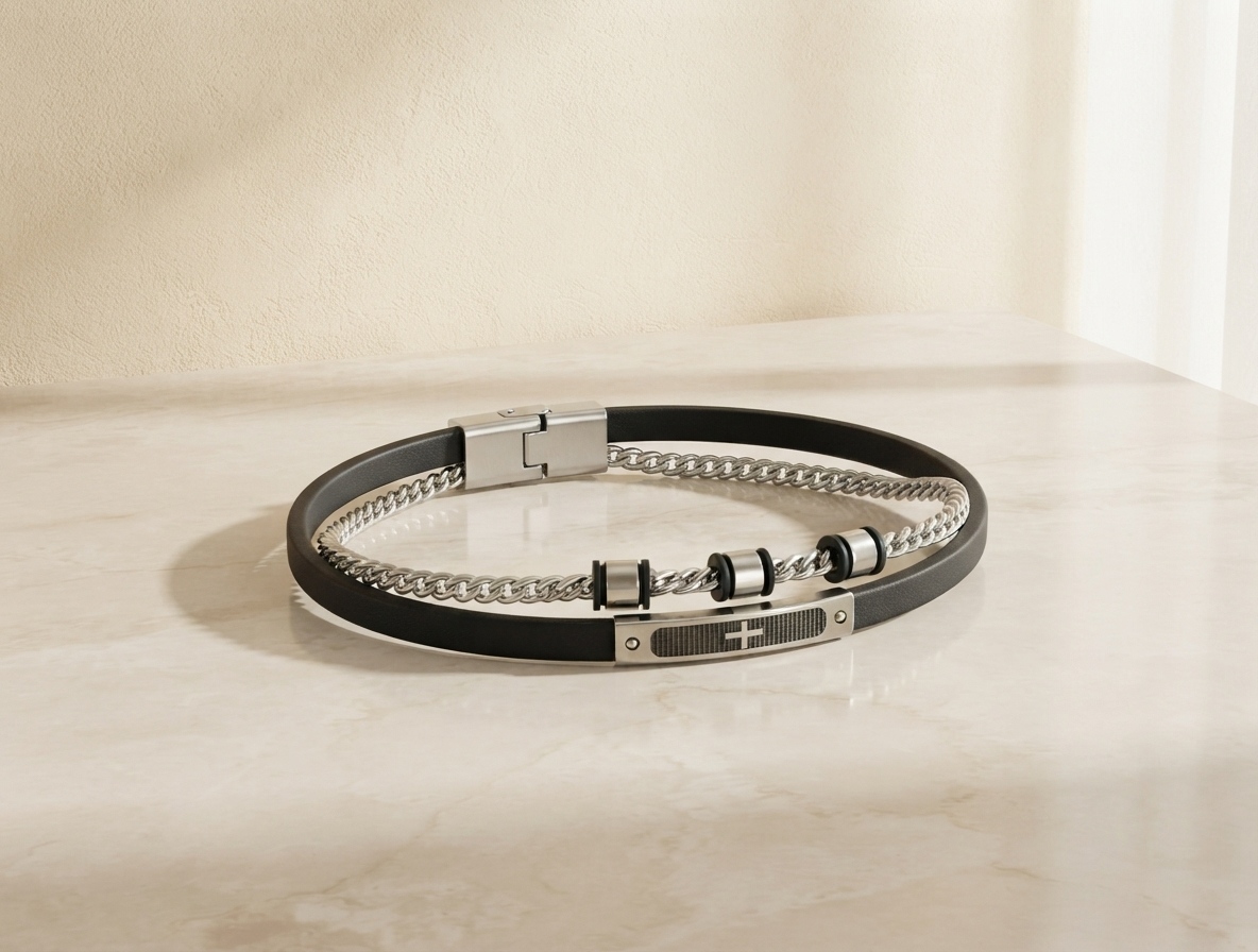 Men's PU Leather & Silver Chain Bracelet