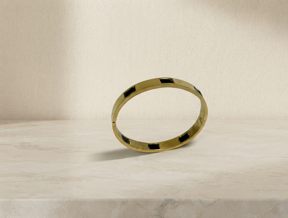 Mens Open Cuff Bracelet - Golden Base with Black Stone