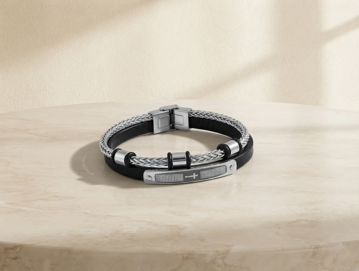 Men's PU Leather & Silver Chain Bracelet